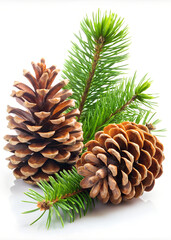 Pine Cones and Branch Isolated on White Background - High-Quality Natural Winter Decoration Image.