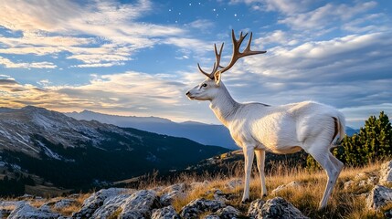 Fototapeta premium A majestic white deer with perfect antlers, in the beautiful mountains