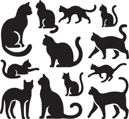 Cat silhouette vector illustration set. isolated black silhouette of a cat collection.