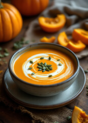 A bowl of creamy pumpkin soup garnished with pumpkin seeds, served with slices of orange pumpkin in the background