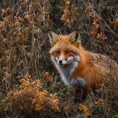 A stunning red fox with its bushy tail raised high, set against an autumn landscape.
