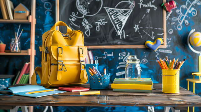 Back to School: Yellow Backpack and Supplies on a Wooden Desk 