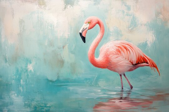Bright pink flamingo stands elegantly in clear, shallow waters, reflecting the tranquil hues of the surrounding landscape on a peaceful day dedicated to wildlife appreciation