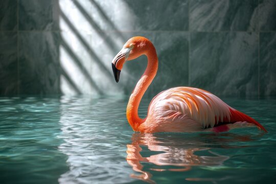 A lone flamingo stands elegantly in calm waters, vibrant pink feathers contrasting against soft hues. Rays of light cast intriguing patterns, celebrating wildlife