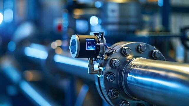 Closeup view of a digital flow meter attached to a shiny pipeline inside a factory. The meter is displaying readings, showcasing the efficiency of modern manufacturing processes