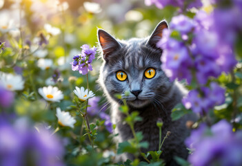 A gray cat with yellow eyes peeking through purple and white flowers in a garden