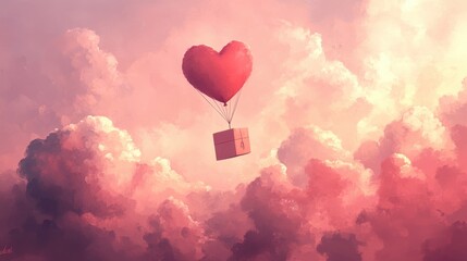 Fototapeta premium A Box flying on a parachute with pink cloud in valentine day,package flying down from sky and cloud with parachute, concept for delivery service,shopping online,air delivery service.