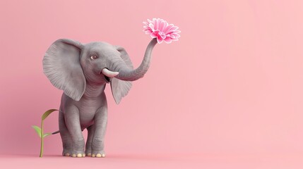 A cartoon elephant with its trunk raised holding a pink flower.