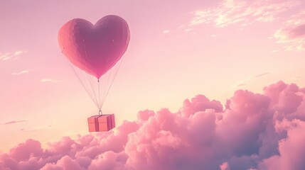 Fototapeta premium A Box flying on a parachute with pink cloud in valentine day,package flying down from sky and cloud with parachute, concept for delivery service,shopping online,air delivery service.
