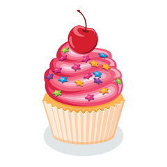 Cupcake with pink cream and cherry on top vector illustration. Creamy pink cupcake with sugar sprinkles stars icon vector isolated on a white background. Birthday cupcake drawing