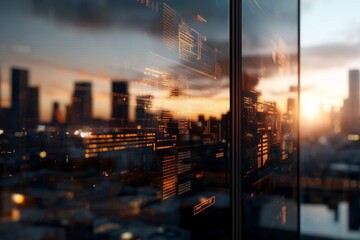 City skyline reflects digital interface at sunset with vibrant colors and modern architecture