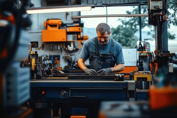 Busy auto mechanic working on laptop in truck repair garage