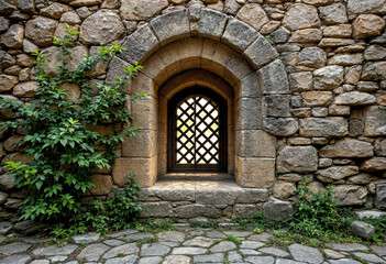 An old stone archway with a latticed window, set against a stone wall background
