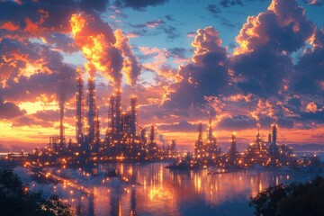 Fototapeta premium Refinery at Dusk with Pipework and Towers