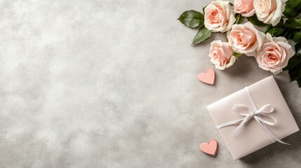 Pink roses and heart-shaped decorations adorn a gift bag on a wooden table set against a gray background, featuring soft light