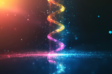 Obraz premium Colorful glowing DNA spiral with rainbow hues and sparkling light effects on a dark futuristic background 