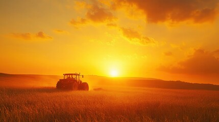 Sunset Over Golden Wheat Field with Tractor Silhouette and Beautiful Cloudy Sky