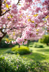 Blooming pink cherry blossom trees in a lush green garden on a sunny day