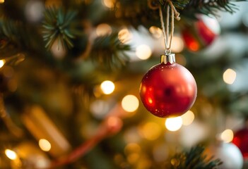 Blurred Christmas tree with ornaments and twinkling lights