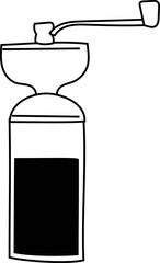 Minimalist black and white line drawing of a hand coffee grinder with a crank handle.