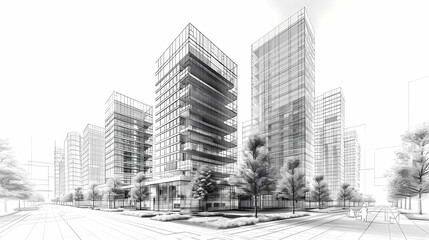 Modern Architectural Sketch: Cityscape Design. A grayscale architectural rendering showcases a modern building design amidst a cityscape, emphasizing clean lines and innovative urban planning.