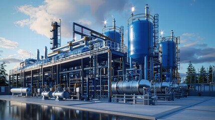 Engineers discussing blueprints of a large hydrogen energy plant, with storage tanks and piping systems in the background