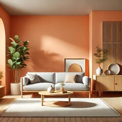 Minimalist living room, pastel orange walls, light gray modern sofa