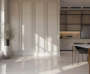 Aesthetic elegant minimalist modern interior design. Clear mock up empty wall for decoration in the apartment. Copy space in the room. Neutral palette of natural colors.