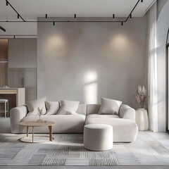 Aesthetic elegant minimalist modern interior design. Clear mock up empty wall for decoration in the apartment. Copy space in the room. Neutral palette of natural colors.