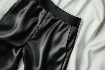 Black classic pants on a white background, featuring satin texture and tailored fit, ideal for fashion mockups and branding presentations