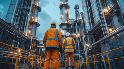 Engineers inside a biomass power plant inspecting equipment with green plant materials around the site