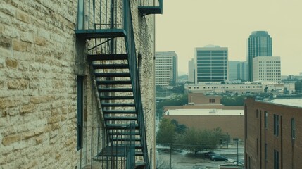 Naklejka premium Cityscape Seen Through a Metal Staircase on a Brick Wall