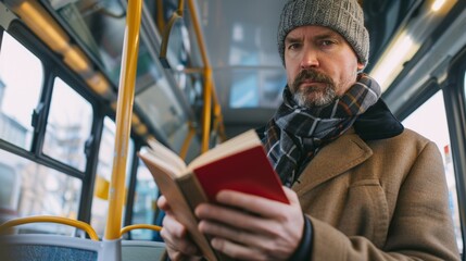 A man in a brown coat and gray beanie reads a book On a bus.