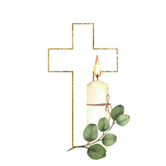 Golden Cross with a white burning candle and green eucalyptus branch. Watercolor religious hand drawn illustration. Gold framed cross. Clipart for christening, wedding card. Isolated from background © Bartol_art