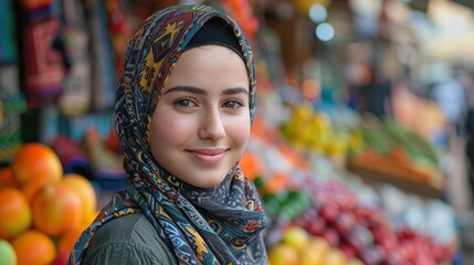 Fototapeta premium Smiling young woman in hijab at a vibrant fruit market.