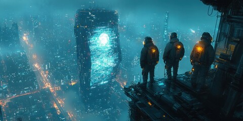 Futuristic Engineers and Workers in Industrial Factory with Digital Twin Technology and Holographic Designs