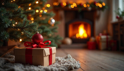 Gift Under Christmas Tree With Ornament In Interior With Fireplace And Abstract Defocused Lights