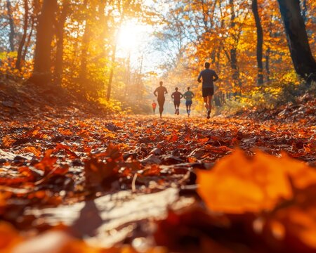 A group of runners enjoy a peaceful jog through a vibrant autumn forest filled with golden leaves.