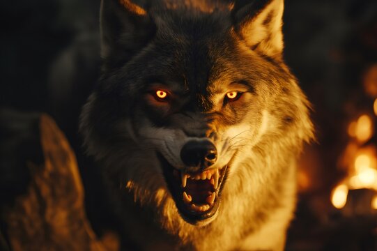 Close up of a wolf baring its teeth and glowing eyes in a dark forest with a fire in the background