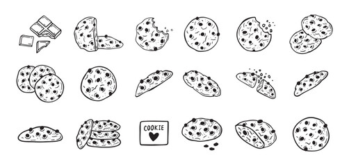 Chocolate chips cookie hand drawn doodle icon set. Drawing black and white sketch biscuit. Chocolate biscuit collection.