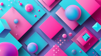 An abstract pattern of pink, blue, and purple squares and circles, with a few 3D shapes.