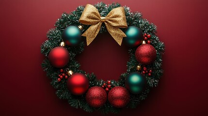 A festive Christmas wreath adorned with ornaments and a bow.