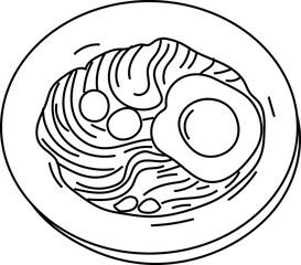 Black and white line illustration of a dish of noodles.