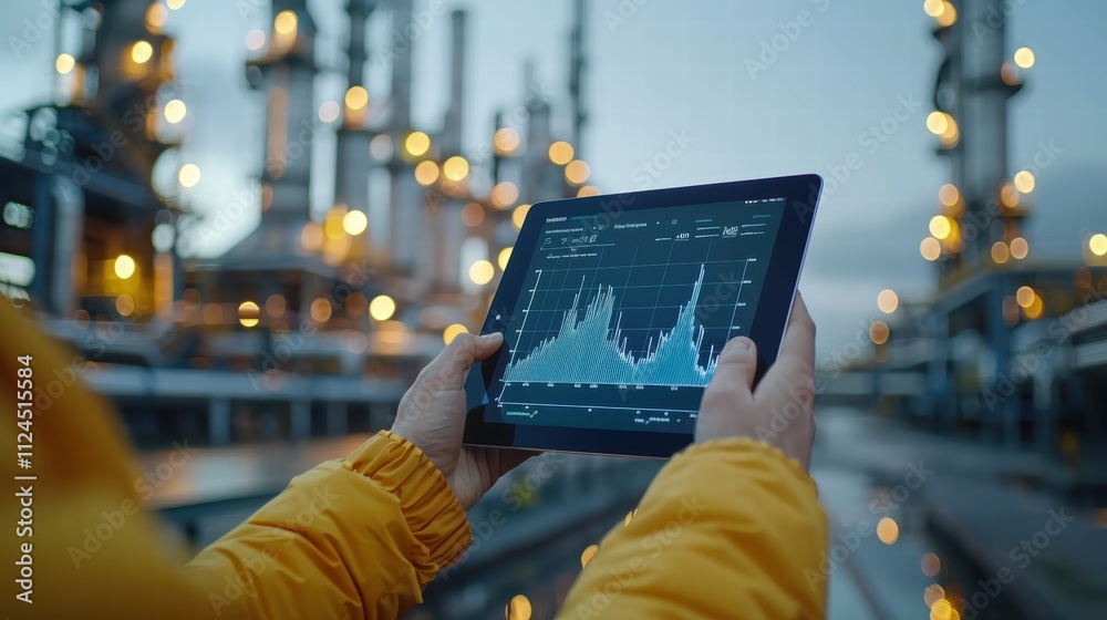 Wall mural hands of a business professional holding a tablet displaying graphs of decreasing fossil fuel relian
