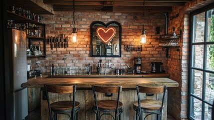 Rustic home bar with wooden counter, brick wall, heart-shaped mirror, and industrial lighting.
