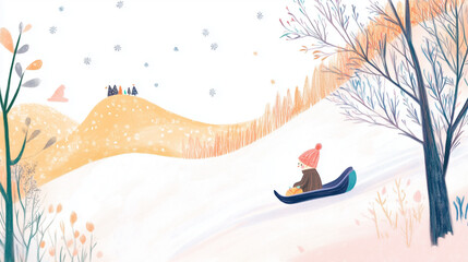 Child playing in snow with sled on hill, joyful atmosphere, winter fun, minimalist illustration