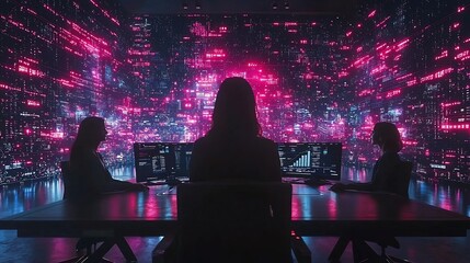Business Team Reviewing Holographic Data Visualizations in High Tech Boardroom