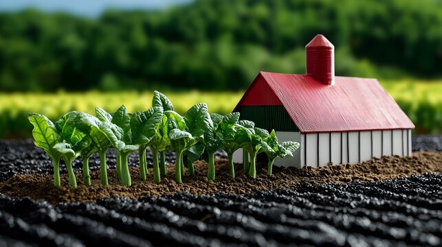 Miniature Farmhouse and Growing Crops: A miniature farmhouse with a red roof sits amidst a field of growing crops, capturing the essence of rural life and the cycle of nature.  