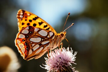 Close-up side shot of a beautiful multicoloured butterfly perched on a flower.