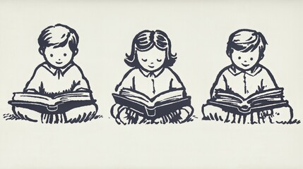 Children's reading journey: vintage illustration of kids engrossed in books